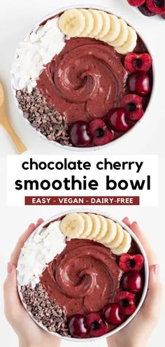 chocolate cherry smoothie bowl with bananas, cherries and whipped cream in the middle