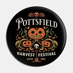 a button with the words pottsfield harvest festival written on it and pumpkins