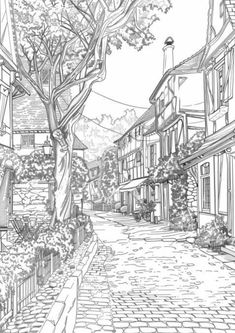 a black and white drawing of a street with houses on both sides, trees in the background