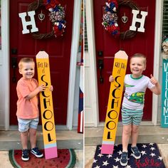 two young boys standing in front of a red door holding up signs that say school