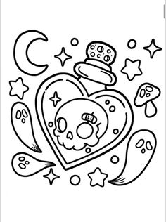 a black and white drawing of a heart with stars, moon and hearts on it