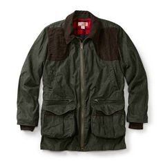 Overview Filson's lightweight jacket's smooth profile with concealed zippers keeps your firing equipment free of nicks and scratches. Cotton twill with water-resistant soy wax finish. Game pockets are lined with moisture-repellent blood liners that open up wide for easy cleaning. Key Features Seattle fit Action back elastic gusset for extra mobility while shooting Lined back panel in Red/Black plaid fabric Zip closure Game pockets Four front welt pockets with zip closures Grommets at bottom of p Filson Mens, Vintage Mens Fashion, Waffle Knit Sweater, Cold Shoulder Long Sleeve, Cargo Jacket, Plaid Fabric, Red And Black Plaid, Workout Jacket, Polo Ralph Lauren Mens