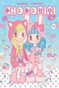 two cartoon girls standing next to each other on top of a blue and white background