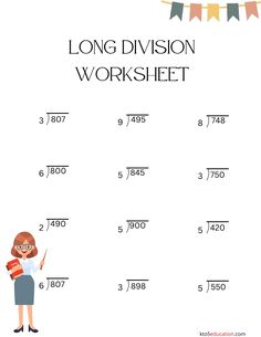 the long division worksheet is shown with an image of a woman holding a pencil