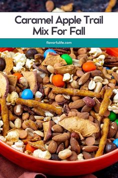 a bowl full of caramel apple trail mix with text overlay that reads caramel apple trail mix for fall