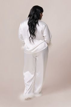 Getting ready the morning of your wedding just got cuter! Our Daybreak Satin Sleep Pants are now available with two layers of dainty feathers along the hem of the pants. Pair it with our Daybreak Satin + Feathers Long Sleeve Top for the ultimate bridal statement! Due to the delicate nature of our feather trim, light shedding does occur. We recommend dry cleaning only for this product. FEATURES: Loose fit silhouette Self-tie drawstring at the waist Piping edge detail on bottoms of pants White Satin Bottoms For Wedding, White Satin Wedding Bottoms, Wedding Parties Colors, Bridesmaid Dress Colors, Feather Trim, Sleep Pants, Colorful Party, Color Swatches, Fabric Samples