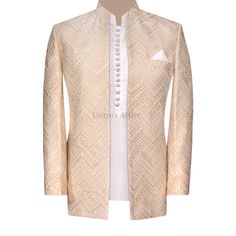 Discover the perfect wedding attire with our luxurious off-white prince coat. Featuring intricate embroidery and a modern design, this coat is a must-have for any stylish groom. Elevate your wedding day look with this timeless piece. Luxury Beige Wedding Blazer, Luxury Long Sleeve Tuxedo For Ceremony, Embroidered Cream Bandhgala For Groom, Fitted White Outerwear For Ceremony, White Fitted Ceremony Outerwear, White Winter Wedding Suits, Designer Nehru Jacket For Winter Wedding, Formal Embroidered Off White Nehru Jacket, Formal Embroidered Off-white Nehru Jacket