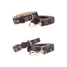 two dog collars and leashes on a white background, one is brown with gold hardware