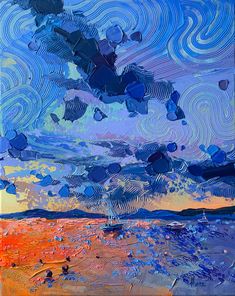 an abstract painting with blue and orange colors