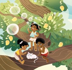 three children are playing with soap bubbles in the woods, one girl is holding a white cat