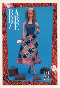 a barbie doll is standing in front of some suitcases and other items for sale