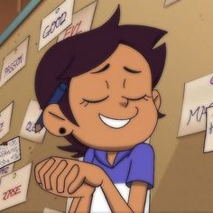 a cartoon character is smiling and holding his hand up to his face with many notes on the wall behind him