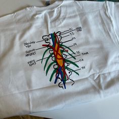 a white t - shirt with an image of the human body on it's chest