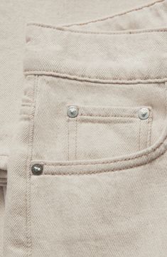 A neutral hue and a wider leg add style points to five-pocket jeans cut from a sturdy blend of cotton and linen. Zip fly with button closure Five-pocket style 60% cotton, 40% linen Dry clean or machine wash, tumble dry Imported Cream Straight Leg Jeans With Five Pockets, Cotton Tapered Leg Jeans With Button Closure, Neutral Cotton Jeans With Five Pockets, Classic Cream Jeans With Five Pockets, Cotton Jeans With Button Closure And Tapered Leg, Classic Beige Straight Leg Jeans, Neutral Cotton Bottoms With Five Pockets, Beige Jeans With Patch Pockets For Work, Beige Straight Hem Cotton Jeans