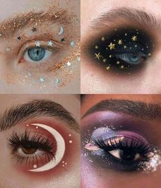 Egirl Baddie Makeup, Pajama Day Makeup, Experimental Makeup Looks, Moon Eye Makeup, Moon And Stars Makeup, Moon Goddess Outfit, Constellation Makeup, Eccentric Makeup, Celestial Makeup