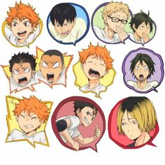 six anime avatars with speech bubbles in the shape of their heads and mouths, all showing different expressions