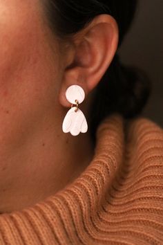 "\"Polymer clay earrings made entirely by hand, very slowly, in small batches. Non-allergenic, fade-free medical grade titanium posts. Approximate dimensions: 3cm x 2cm\"" Hypoallergenic White Plug Earrings, White Minimalist Jewelry, Minimalist Small White Jewelry, Everyday White Clay Jewelry, Minimalist Hypoallergenic Polymer Clay Earrings, Nickel-free White Clay Jewelry, Minimalist White Plug Earrings As Gift, White Clay Earrings As Gift, White Clay Earrings For Gift