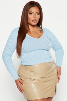 Available In Blue And Hunter. Sweater Top Rib Knit V Neck Long Sleeve 80% Viscose 20% Nylon Imported | Kallan Knit Sweater Top in Blue size XS by Fashion Nova Plus Size Shirts, Plus Size Tops, Blue Fashion, White Jeans, Knit Sweater, Sweater Top, Fashion Nova, Rib Knit