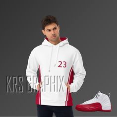 🔥🔥Get ready to rep your love for the iconic Jordan 12 Cherry colorway in style with this comfy and stylish two tone-inspired unisex hoodie! 🔥🔥 Made with a soft and comfortable fabric, this hoodie is perfect for wrapping up in on a chilly evening. The relaxed fit is comfortable and flattering for both men and women. 🎁🎁The perfect gift for any sneakerhead, this hoodie is made from a blend of 70% polyester, 27% cotton, and 3% elastane, and features a soft cotton-feel fabric face, double-lined hood with design on both sides, and overlock seams. It also comes with drawstrings. 🚫🚫Please note that the Jordan 12 Cherry shown in the images is not included, and any shoes displayed in our listings are sold separately and are only used for marketing purposes. 🧼🧼When it comes to care, this ho Team-colored Long Sleeve Hoodie For Streetwear, Sporty Color Block Fleece Sweatshirt, White Hip Hop Sweatshirt With Drawstring Hood, Color Block Hoodie Sweatshirt In Athleisure Style, Color Block Athleisure Hoodie Sweatshirt, Team-colored Long Sleeve Sweatshirt For Streetwear, Varsity Hoodie For Streetwear, Team-colored Long Sleeve Hoodie Sportswear, Team-colored Long Sleeve Sports Hoodie