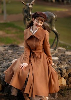 "❤❤This brown fit and flare coat that is simply elegant and will be an everlasting addition to your outerwear lineup. ★★FEATURES 50% wool, 50% fiber and nylon Fully liner with polyester Two side Seam pockets Bigger collar Long sleeve Single Button front Closure Fit and Flare Below knee length Perfect for Winter, Autumn Dry clean Fabric swatch https://etsy.me/3yP53Zi ★★ Mode size Height approx 170 cm (5′ 7″) Bust 84 cm (33\") bust Waist 66 cm (26\") She wears size XS. ★★ Custom order selection, W Brown Long Dress Elegant, Vintage Winter Coats Women, Royal Winter Outfits, Renee Aesthetic, Coat Over Dress, Thanks Giving Outfit, Cottagecore Winter Outfits, Brown Long Dress, Brown Princess