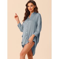 Great for loungewear, nightwear, sleepwear, home bedroom, and daily wear. This loungewear pajama shirt dress for women is constructed of soft fabric, and is comfy, breathable, and skin friendly, making it convenient to take on/off, keeping you pretty and comfortable all day. Featuring Long Sleeves, a Point Collar, a Button Front, a Solid Color, Mini Length, and a Satin Fabric design, soft and comfortable and makes you feel cozy all night, enjoy a comfortable sleep and a sweet dream. No matter th Blue Sleepwear With Button Closure For Loungewear, Blue Sleepwear With Button Closure, Long Sleeve Buttoned Nightgown, Blue Button Closure Sleepwear For Spring, Long Sleeve Buttoned Nightgown For Bedtime, Summer Long Sleeve Chemise For Loungewear, Blue Button-up Sleepwear With Button Closure, Blue Spring Sleepwear With Button Closure, Spring Blue Sleepwear With Button Closure