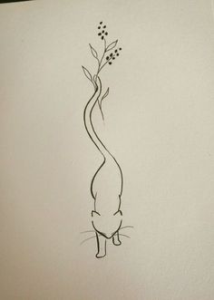 a drawing of a cat with flowers on it's head and tail in the shape of a vase