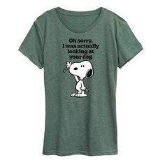 She will love showing off her style with this Women's Peanuts Snoopy Looking At Your Dog Graphic Tee. FEATURES Short sleeves CrewneckFABRIC & CARE Solid Color: Cotton ; Heather Colors: Cotton/Polyester Machine wash Imported Size: Small. Color: Green. Gender: female. Age Group: adult. Wicked Funny, Sally Brown, Dance Shorts, Heather Green, Snoopy And Woodstock, Peanuts Snoopy, How To Show Love, Junior Outfits, Grey Green