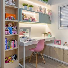 a white desk topped with a pink chair next to a shelf filled with stuffed animals