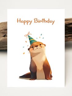 a birthday card with an animal wearing a party hat