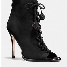 New In Box Coach Lena Heel Black High Heel Pumps, Black Lace Up Shoes, Womens Black Booties, Burgundy Shoes, Michael Kors Heels, Hot Boots, Black Stilettos, Peep Toe Shoes, Stiletto Shoes