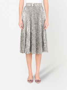 Shop Dolce & Gabbana sequin-embellished flared skirt with Express Delivery - FARFETCH Dolce E Gabbana, Women's Skirts, Pleated Midi Skirt, Flared Skirt, Dolce & Gabbana, Flare Skirt, Silk Satin, Mid Length, Pleated Skirt