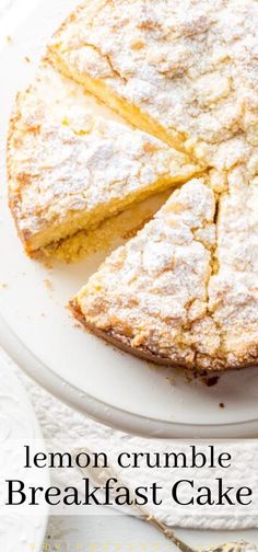 a lemon crumble breakfast cake on a white plate with the words, lemon crumbled breakfast cake