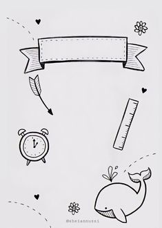 a drawing of an alarm clock and whale with ribbon around it's neck, on a white background