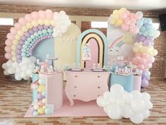 a birthday party setup with balloons, cake and candy bar in pastel pink, blue, yellow and white colors