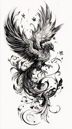 a black and white drawing of a bird with stars on it's back side