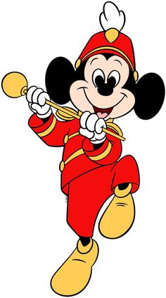 the mickey mouse cartoon character is in red and gold clothes, with his arms outstretched