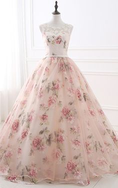 White Pink Floral Print Ball Gown Pearls Appliques Floor Length Scoop Prom Dress sold by Foral Print Dress on Storenvy Court Train Prom Dress, Tulle Embroidery, Evening Dress Long, Prom Dresses Long Pink, Elegant Ball Gowns, Floral Prom Dresses, Long Prom Gowns, Graduation Dresses, Gowns Prom