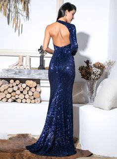 Sexy Navy Sequined Dress Open Back Single Sleeve Slim Fit Elastic Lace Bandage Dress, Red Bandage Dress, Plus Size Prom, Mermaid Sequin, Dress Open Back, Plus Size Prom Dresses, Bodycon Dress Parties, Long Sleeve Maxi, Female Poses