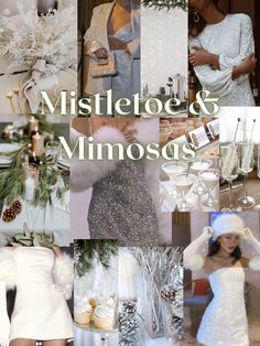 Mistletoe and Mimosas | White Decor Party Idea | Greenery Decor | Snow Party Theme | December Party Idea | Bachelorette Party Theme | Birthday Party | Bridal Shower | Mood Board | Inspo Board | Cocktails | Feathers | Glam Dress | Party Decor | Winter Winter Wedding Bachelorette Party, Winter Hen Party, White Christmas Bridal Shower Ideas, Winter Bachelorette Aesthetic, Snow Bridal Shower Ideas, Mistletoe And Mimosas Party, December Bachelorette Party Ideas, Bachelorette Party Christmas Theme, Bachelorette Christmas Theme