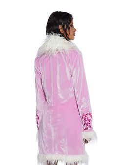 cuz they never saw true beauty till this night. Be warm and radiant in this long coat which has a velvet construction, embroidered designs on the sleeves and front, and faux fur trim. Long Sleeve Velvet Costume Outerwear, Long Sleeve Velvet Outerwear For Costume, Winter Velvet Costume Outerwear, Winter Velvet Outerwear, Velvet Outerwear For Costume, Winter Embroidered Velvet Outerwear, Pink Long Sleeve Outerwear For Costume Party, Coat With Fur Trim, Coat With Fur