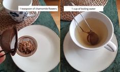 two pictures showing tea being poured into a cup and saucer with spoons in it