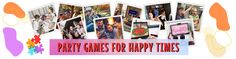 a collage of photos with the words party games for happy times on it and images of people