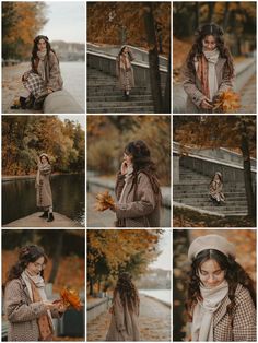 a collage of photos showing a woman in the fall