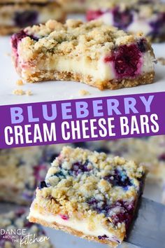 blueberry cream cheese bars with crumbled toppings on top and in the middle