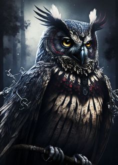 an owl sitting on top of a tree branch in the dark forest with yellow eyes