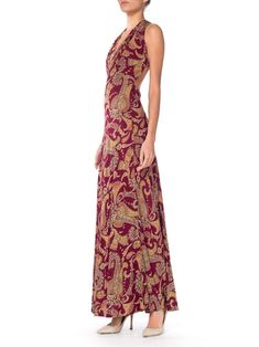 Fitted Silk Dress With Paisley Print, Fitted Paisley Print Evening Dresses, Fitted Evening Dress With Paisley Print, Elegant Fitted Maxi Dress With Paisley Print, Elegant Sleeveless Paisley Maxi Dress, Elegant Sleeveless Paisley Print Maxi Dress, Fitted Burgundy Silk Dress, Elegant Sleeveless Maxi Dress With Paisley Print, Burgundy Fitted Cocktail Maxi Dress