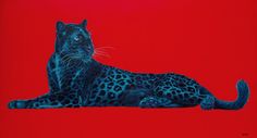 a painting of a black leopard laying down on a red background with its head turned to the side