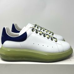 Blue Sneakers With Leather Sole And Round Toe, Blue Sneakers With Leather Sole For Streetwear, Alexander Mcqueen Men Sneakers, Uk Style, Alexander Mcqueen Men, Sneakers Blue, Up Styles, White Green, Leather Sneakers