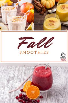 fall smoothies with oranges, cranberries and apples on the table in front of them