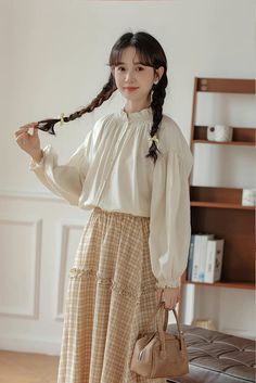 Baggy batwing blouse with a button-down front, long puff sleeves and a ruffled high neckline. One Size: 47" chest, 26" length Lantern Sleeve Shirt, Puff Blouse, Balloon Sleeve Shirt, Batwing Blouse, Loose Shirts, Long Puff Sleeves, Lantern Sleeve, Overall Dress, Sleeveless Shirt